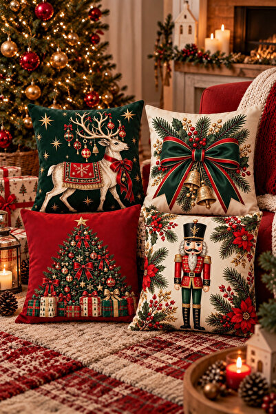 Elay Tekstil Set of 4 New Year Themed Throw Pillow Covers 43X43 cm |   Christ...