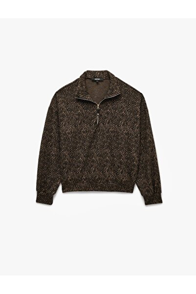 Koton Desenli Uzun Kollu Fermuarlı Yaka Sweatshirt