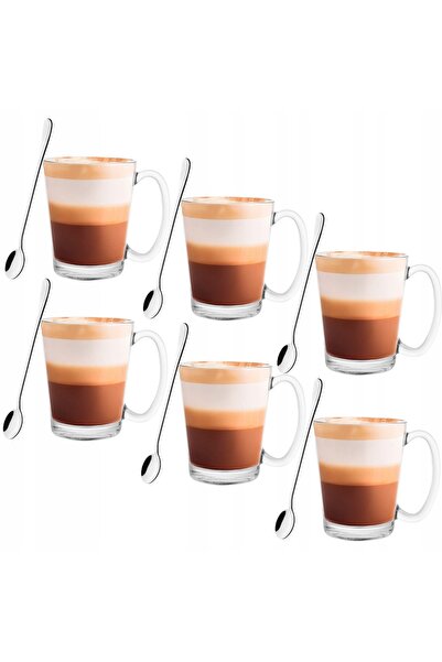 Springos SET 6 bucăți Set de căni cu mâner lung și linguri pentru cafea, latt...