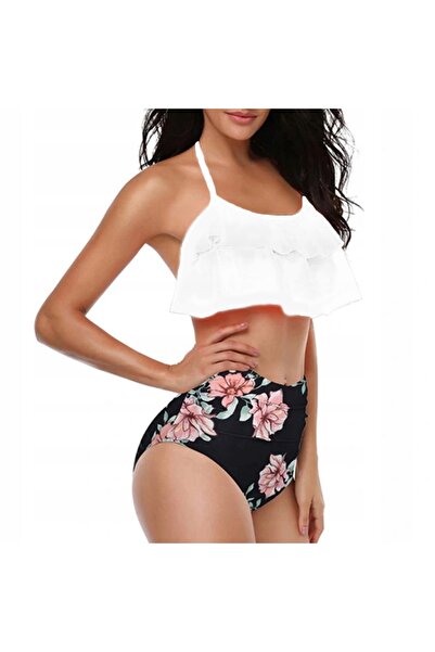 NO BRAND Bikini cu talie înaltă, stil spaniol, cu volane, alb-negru, XL