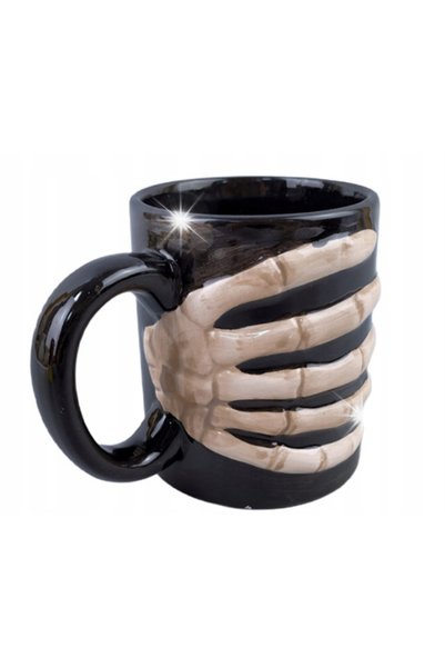 Pan i Pani Gadżet CĂNIȚĂ CERAMICĂ NEAGRĂ DE HALLOWEEN CU MÂNĂ DE SQUELETON 3D...