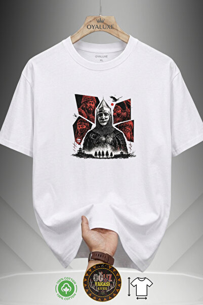 Unisex Beyaz Kıpçak Maskeli Türk Savaşçısı Grafik Baskılı Oversize T-shirt