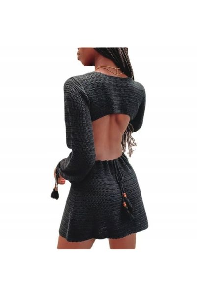 NO BRAND Rochie de plajă tricotată neagră, decupată, de vară, L