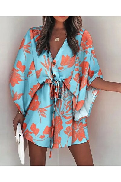 NO BRAND Rochie mini de vară, de plajă, lejeră, imprimată, cu decolteu în V