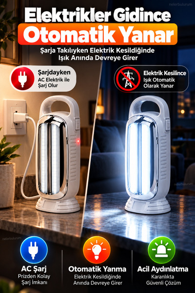 nelerbulurum Şarjlı Işıldak 40 SMD LED 8 Saat Aydınlatma Elektrik Kesilince Otomatik Yanan Acil Durum Lambası 2 Kademeli Kamp Feneri El feneri Kamp Lambası