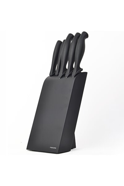 FiSKARS SET 5 CUȚITE ÎN BLOC DE LEMN NEGRU + ASHARPERITOR