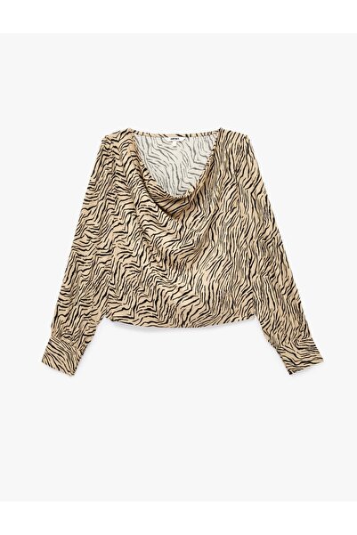 Koton Viscose Fabric Zebra Patterned Long Sleeve Degaje Collar Satin Blouse