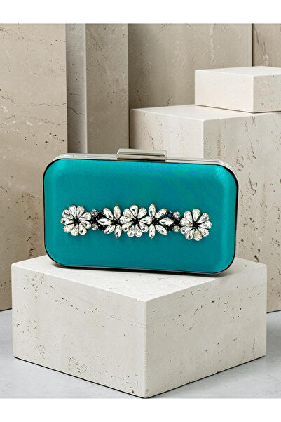 Biçanta Green Satin Silver Metal Detailed Crystal Stone Embroidered Chain Strap Women's Evening Dress Bag Wedding Engagement Graduation
