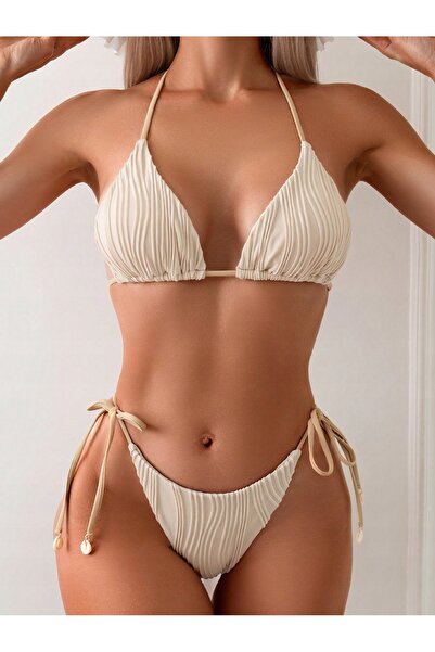 NO BRAND Modă sexy, bikini bej, costum de baie din două piese, cu legături, L