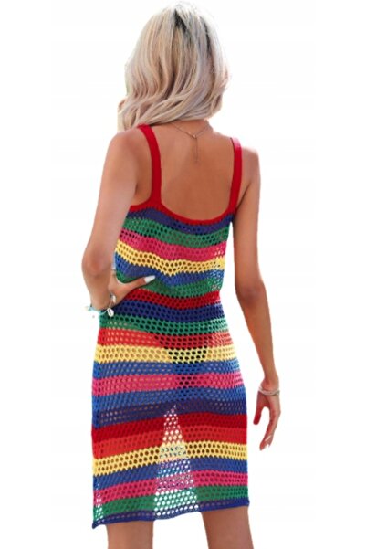 NO BRAND Rochie tricotată colorată, mini, cu dungi, tip pareo