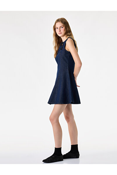 Koton Cotton Embellished Mandarin Qipao Collar Sleeveless Mini Denim Dress