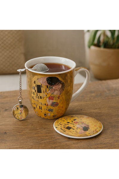 Duo Ceașcă de 400 ml „Klimt – Sărutul”, din porțelan, pentru prepararea ceaiu...