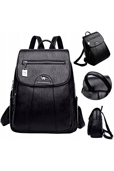 Edibazzar Rucsac negru de damă din piele de cangur, pentru școală, muncă, oraș