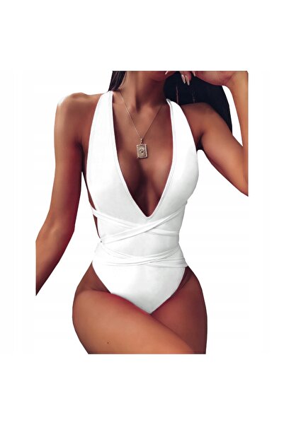 NO BRAND Costum de baie întreg cu legături, cu decolteu, negru, 3XL