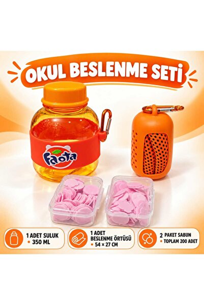 4'lü Okul Beslenme Seti 350 Ml Mini Suluk, Renkli Beslenme Örtüsü, 2 Adet 100'lü Mini Sabun, Mini Renkli Su Şişesi 350ml Figürlü Renkli Matara Mini El Sabunu Eriyen Kağıt El Sabunu Okula Dönüş 4 Parça