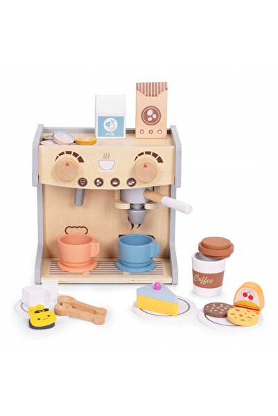 Ecotoys Aparat de cafea din lemn pentru copii 2 în 1, set de barista cu 26 de...