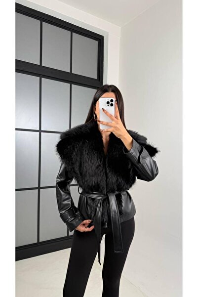 MyBella Fur Collar Belt Detail Short Leather Jacket