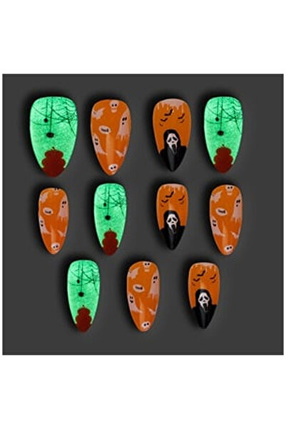 OEM Set Unghii False Halloween Glow in the Dark cu Adeziv Ovale Portocalii Ro...