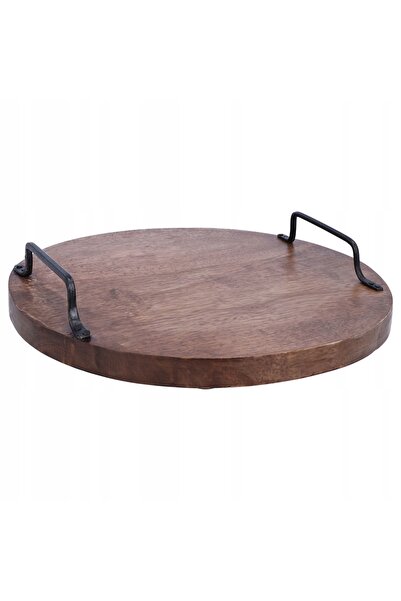 NO BRAND Tavă de servire din lemn de mango cu mânere din metal negru, 30 cm