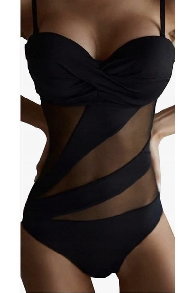 NO BRAND Costum de baie negru, 3 piese, prosop S