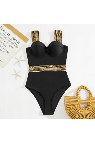 NO BRAND Costum de baie de damă căptușit push-up negru auriu pin-up L