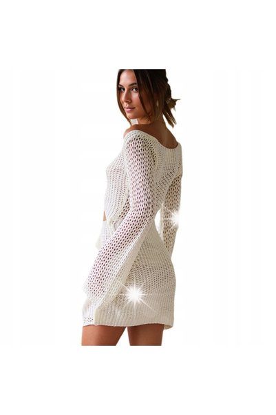 NO BRAND Rochie de plajă tricotată, albă, sexy, cu decupaje, mâneci lungi, M
