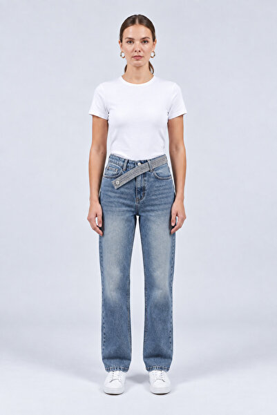 Vovikon Stone Belt Detailed Blue Green Stonewashed Straight Fit Jeans
