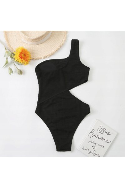 NO BRAND Bikini dintr-o bucată, pe un umăr, negru, cu decupaje, L