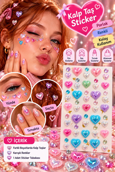 By MO Accessories Yapışkanlı Renkli Kalp Taş Sticker Seti – Yüz, Saç, Tırnak ...