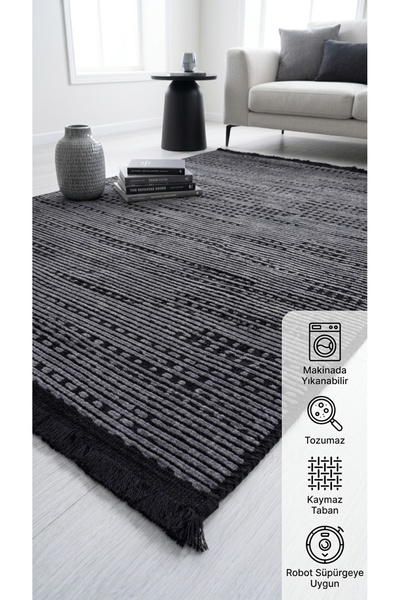 BESEV HOME CONCEPT Antrasit Koyu Gri Kaymaz Dokuma Pamuk Tabanlı Kilim Makine...