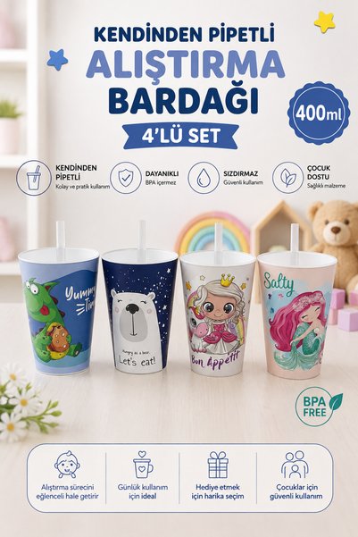 Dem Home 4 Adet Figürlü,Kendinden Pipetli Bardak , Çocuk Bebek Su Süt Parti B...