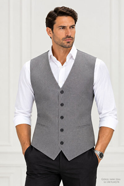 MENTOR REGALO ERKEK YELEK V YAKA GRİ MİNİ BALIKSIRTI FLANEL 56106