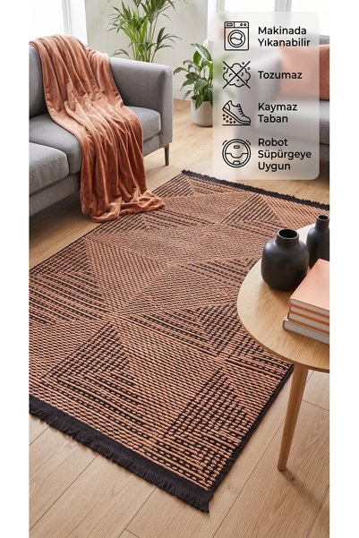 BESEV HOME CONCEPT Vizon Bej Kaymaz Dokuma Pamuk Tabanlı Kilim Makinede Yıkan...