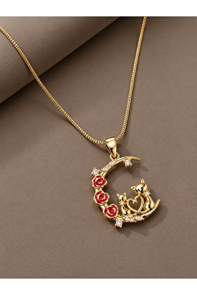 serelya 316L Steel Gold Color Crescent Cat Model Zircon Stone Detailed Women'...
