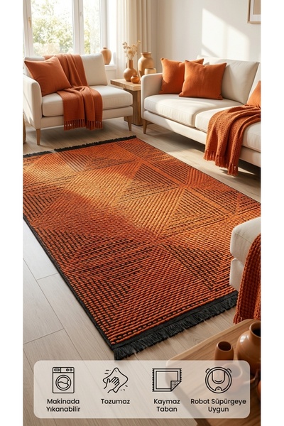 BESEV HOME CONCEPT Turuncu Kaymaz Dokuma Pamuk Tabanlı Kilim Makinede Yıkanab...
