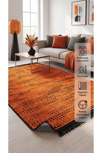 BESEV HOME CONCEPT Turuncu Kaymaz Dokuma Pamuk Tabanlı Kilim Makinede Yıkanab...