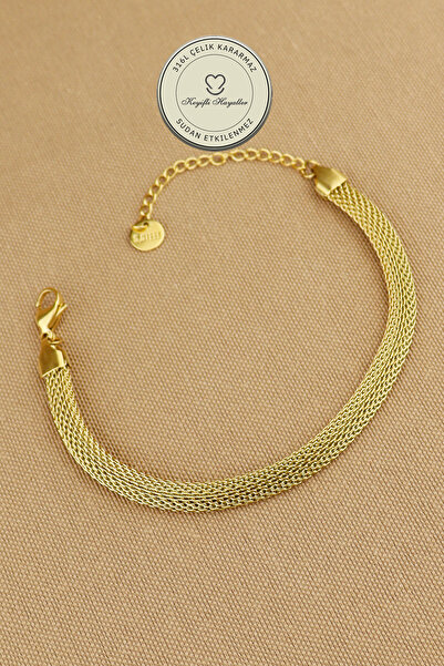 Keyifli Hayaller Steel Bracelet - Gold Flat Mesh Chain 316L Steel Bracelet 18...