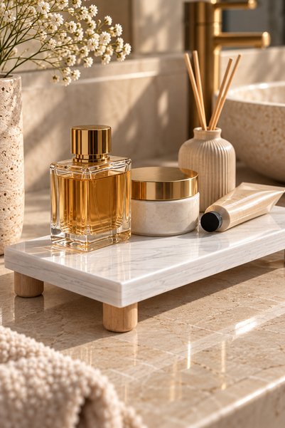 Marbello White Quartz Marble Bathroom Organizer 12X25 cm Decorative Tray with Wooden Legs