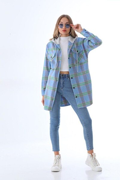 Polologin Butik Oversized Hooded Double Pocket Long Women's Lumberjack Shirt ...