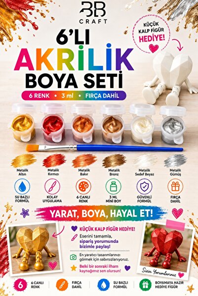BB Craft 6'lı Akrilik Boya Seti (3 ml x 6) Fırça ve Mini Figür Hediyeli (Meta...