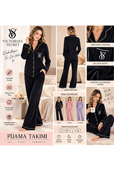 Victoria's Secret Kadife Uzun Kollu Boydan Düğmeli Pijama Takımı