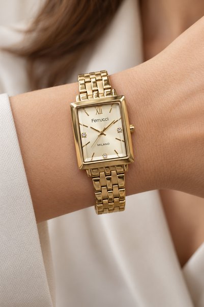 Ferrucci Gold Square Case Women's Wristwatch |   30 mm Steel Cord, Gold Dial