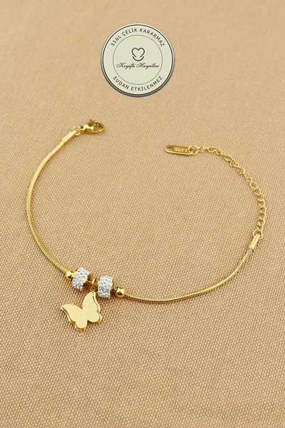 Keyifli Hayaller Steel Bracelet - Butterfly Model Snake Chain with Movable Be...