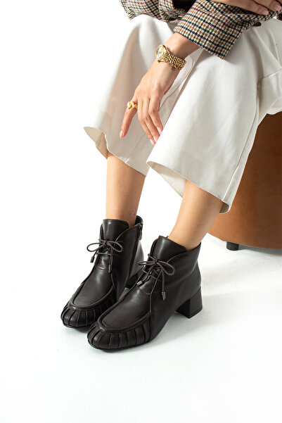 dericia shoes Nancy Genuine Leather Pleated Detailed Thick Heeled Brown Women...