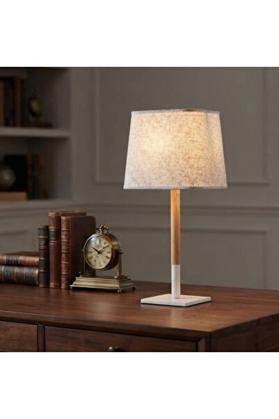 IN HOME STORE أباجورة طاولة مودرن بغطاء قماشي وحامل خشبي مع قاعدة معدنية عصرية