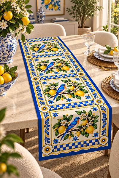 Nari Collections سجادة مزخرفة بنمط الليمون والطيور الزرقاء - مقاس 40x140 سم، ...