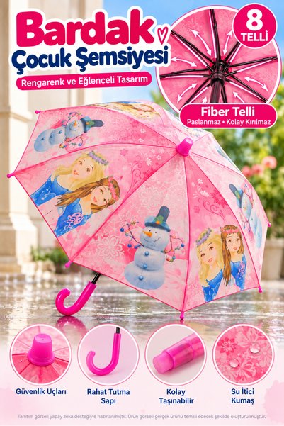 OpenCity Bardak Çocuk Şemsiyesi 8 Fiber Telli Pembe Su İtici Kumaş Güvenli Uç...