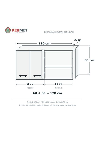 KermetHome 120 cm %100 MDF Mutfak Üst Dolabı 4 Kapaklı Raflı Dafne