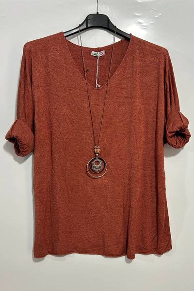 AYASOFYA OTANTIK Women's Italian Cinnamon V-Neck Oversize Loose Knitwear Blou...