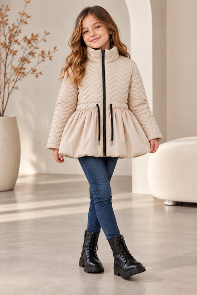 SERAPA Girl's Quilted Winter Coat Chevron Patterned Waist Drawstring Zippered...